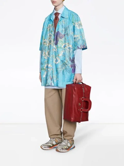 Shop Gucci Oversize Paper Effect Bowling Shirt In Blue