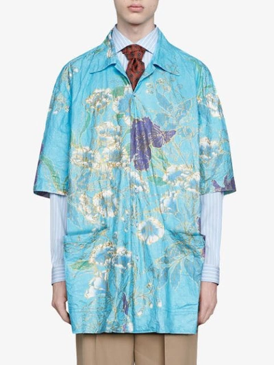 Shop Gucci Oversize Paper Effect Bowling Shirt In Blue