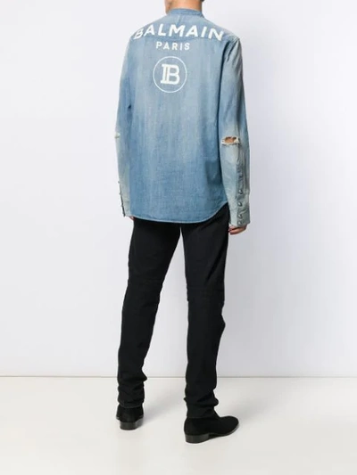 Shop Balmain Distressed-effect Logo Print Shirt In Blue