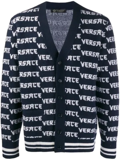 Shop Versace Logo Jacquard Cardigan In Blue