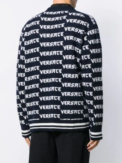 Shop Versace Logo Jacquard Cardigan In Blue