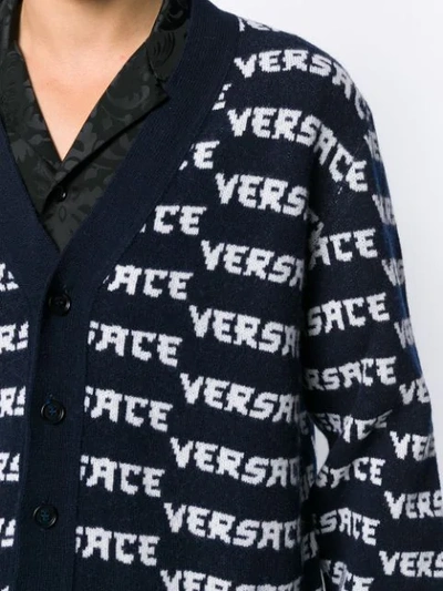 Shop Versace Logo Jacquard Cardigan In Blue