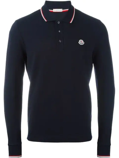 Shop Moncler Long Sleeve Logo Polo Shirt - Blue
