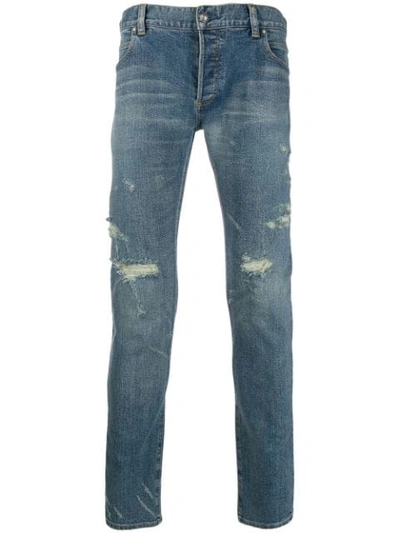Shop Balmain Ripped Skinny Fit Denim Jeans In Blue