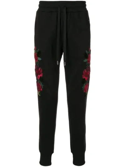 Shop Dolce & Gabbana Embroidered Roses Track Pants In Black