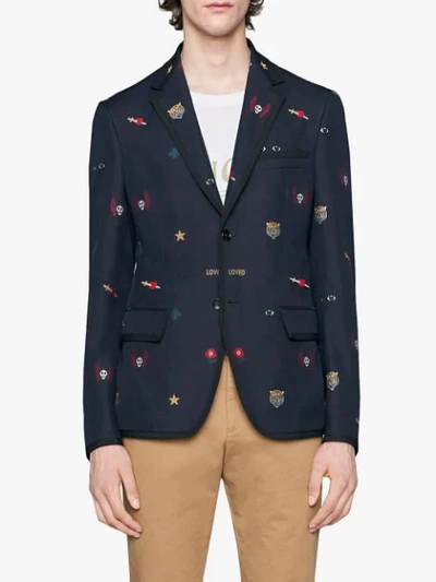 Shop Gucci Embellished Cambridge Jacket In Blue