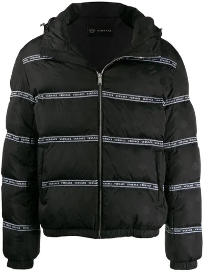 Shop Versace Logo Stripes Puffer Jacket In A408 Black