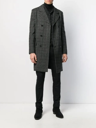 Shop Saint Laurent Checkered Double-breasted Coat In Black