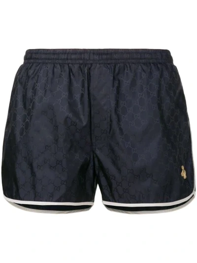 Shop Gucci Monogram Bee Embroidery Swim Shorts In Blue