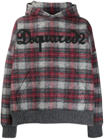 Shop Dsquared2 Oversized Plaid Hoodie In Grey Red