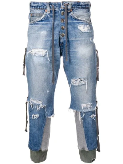 Shop Greg Lauren Cropped Destroyed Jeans In Blue
