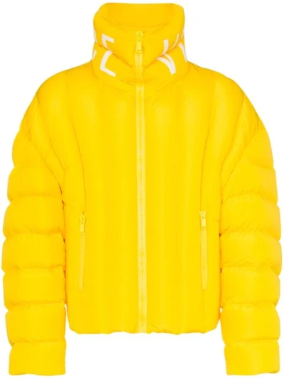 Shop Versace Logo Print Padded Jacket In Yellow