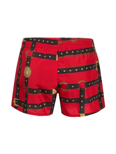 Shop Versace Harness Print Swim Shorts In Red