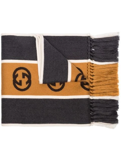 GUCCI GREY AND BROWN STRIPED GG SCARF - 灰色