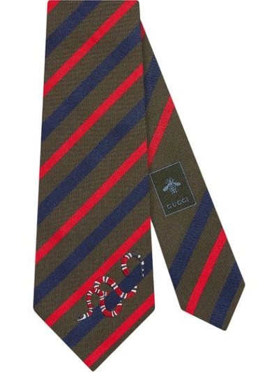 Shop Gucci Striped Silk Tie With Kingsnake - Multicolour