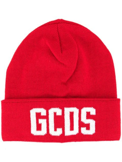 Shop Gcds Knit Logo Print Beanie In Red ,white