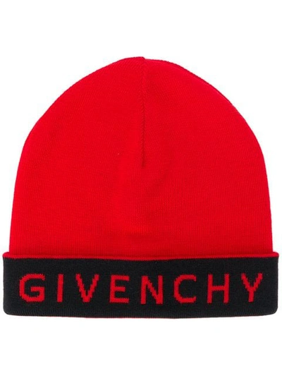Shop Givenchy Contrast Logo Beanie Hat - Red