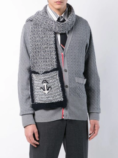 Shop Thom Browne Anchor Knitted Scarf In Blue