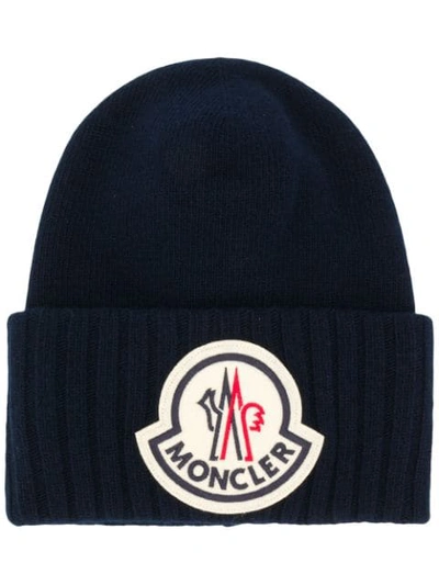Shop Moncler Oversized Logo Patch Beanie In 778  Blue
