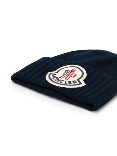 Shop Moncler Oversized Logo Patch Beanie In 778  Blue