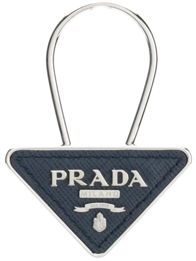 Shop Prada Logo Saffiano Triangle Keyring - Blue