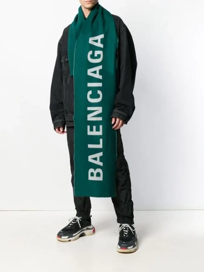 Shop Balenciaga Logo Knitted Scarf - Green