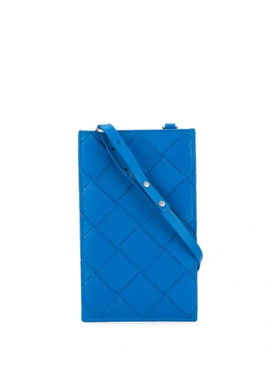Shop Bottega Veneta Woven Cardholder With Neck Strap In Blue