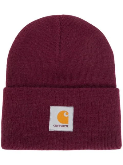 Shop Carhartt Logo Knitted Hat In Red