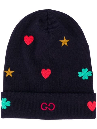 Shop Gucci Contrasting Embroidery Wool Beanie In Blue