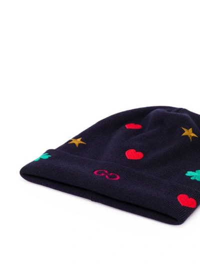 Shop Gucci Contrasting Embroidery Wool Beanie In Blue