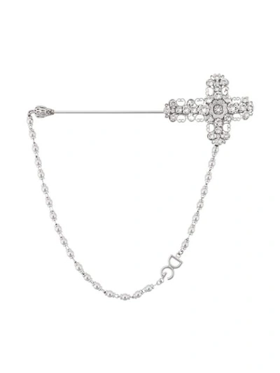 Shop Dolce & Gabbana Cross Brooch Pin In Silver