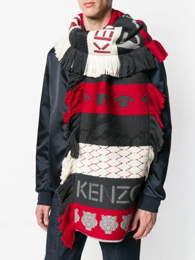 Shop Kenzo Fringed Stripe Scarf In Red