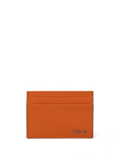 Shop Prada Saffiano Leather Card Holder In Orange