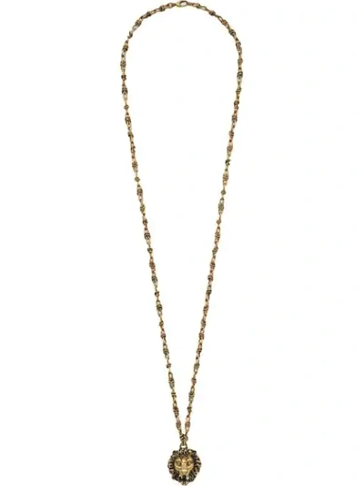 Shop Gucci Lion Head Necklace With Pearl In Metallic