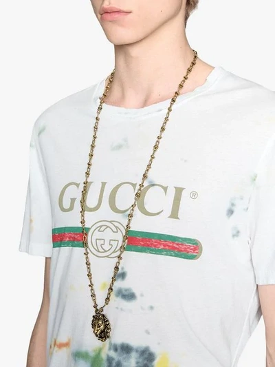 Shop Gucci Lion Head Necklace With Pearl In Metallic