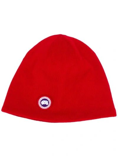 Shop Canada Goose Logo Embroidered Beanie Hat In 11 Rosso