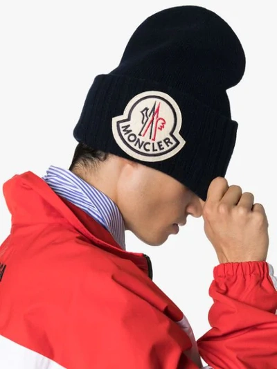 Shop Moncler Berretto Logo-embroidered Beanie Hat In 778 Blue