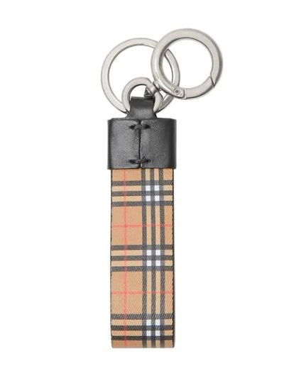 Shop Burberry Small Scale Check And Leather Key Ring In Brown