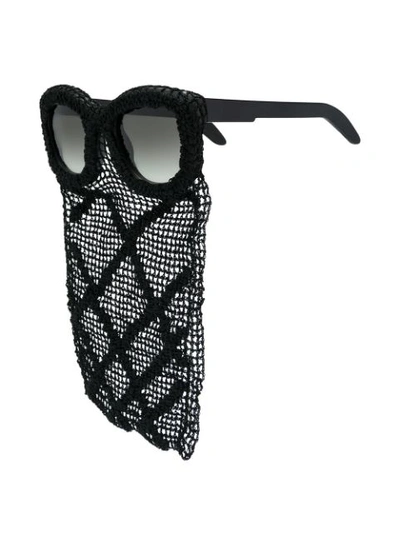 Shop Kuboraum Square Sunglasses With Mesh Drape Detail In Black