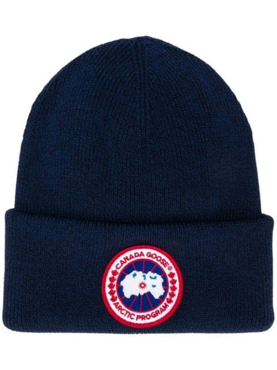 Shop Canada Goose Knitted Logo Beanie In Blue