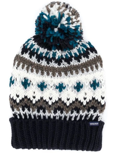 Shop Woolrich Fairisle Pom-pom Beanie Hat - Blue