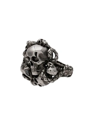 Shop Alexander Mcqueen Silver Chunky Skull Snake Band Ring In Metallic