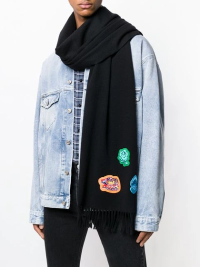 Shop Kenzo Fringed Patch Scarf In Black