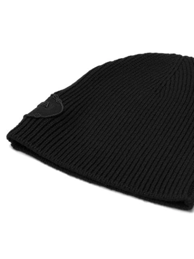 Shop Prada Black Logo Embroidered Ribbed Virgin Wool Hat