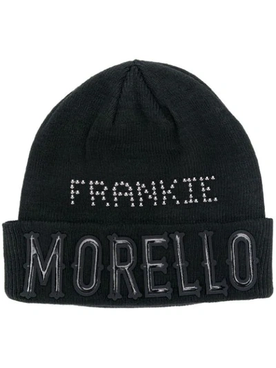 Shop Frankie Morello Embellished Brand Knitted Hat - Black