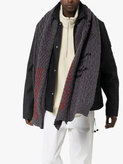 Shop Raf Simons Slogan Print Cable Knit Scarf In Grey