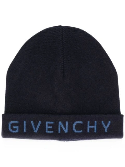 Shop Givenchy Embroidered Logo Knitted Hat In Blue