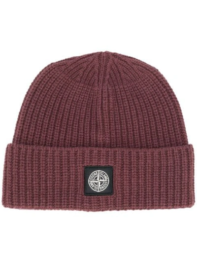 Shop Stone Island Logo Patch Beanie In Red