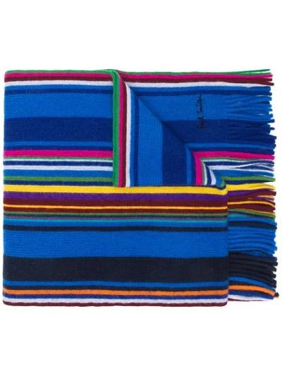 Shop Paul Smith Fringed Striped Scarf In Blue