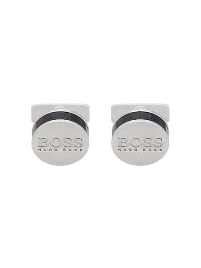 Shop Hugo Boss Logo Debossed Cufflinks In Silver